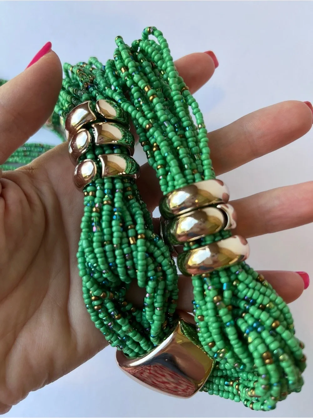 Vintage Green Seed Beads Long Statement Necklace